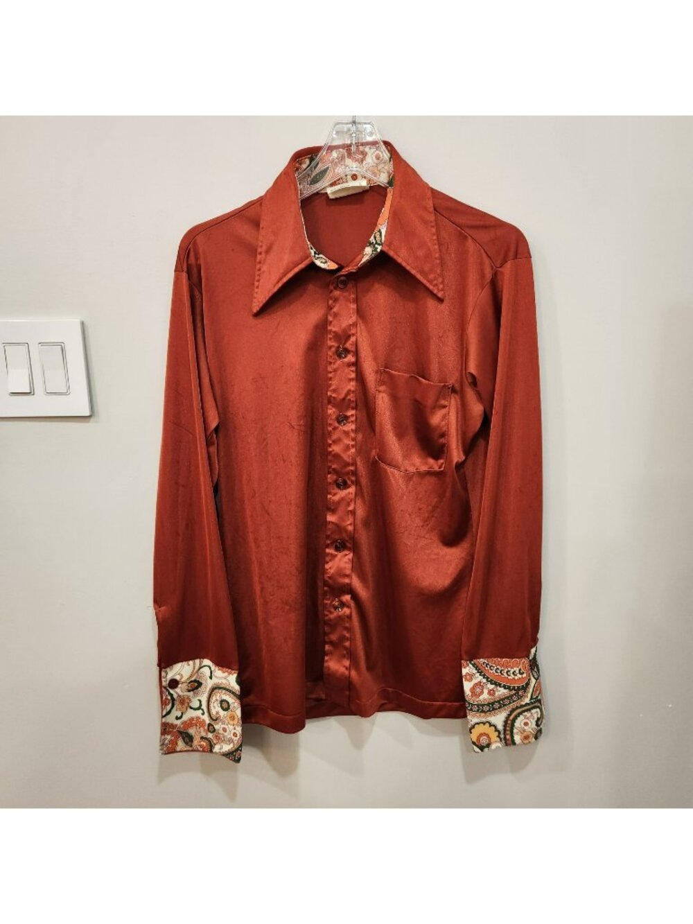 Vintage 1970s Arrow Shirt Mens Large Red Paisley Satin Disco Collar French Cuff